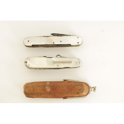 623 - A COLLECTION OF THREE MOTHER-OF-PEARL MULTI BLADE FOLDING KNIVES the first signed 'J.V. OWLISHAW' fi... 