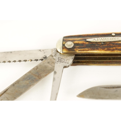 626 - TWO STAG HORN MULTI-BLADE FOLDING KNIVES the larger with eight tools signed 'T. HARROP, SHEFIELD' th... 