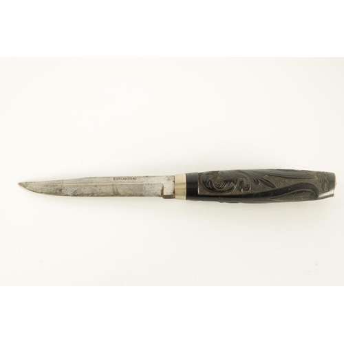 631 - A LATE 19TH CENTURY NORWEGIAN EBONY HANDLED KNIFE the handle relief carved depicting a dragon amidst... 