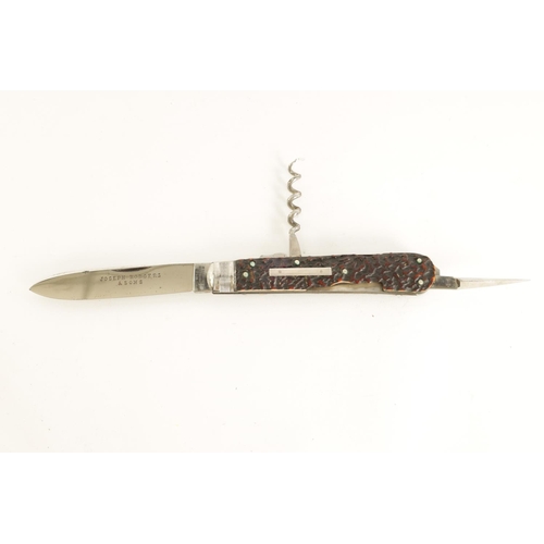 632 - AN UNUSED JOSEPH RODGERS LOCKING KNIFE WITH STAG HORN HANDLE fitted with a corkscrew, tapering trian... 