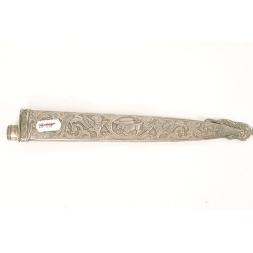 639 - TWO ARGENTINIAN SILVER GAUCHO KNIVES the larger with relief decoration depicting dogs within a carto... 