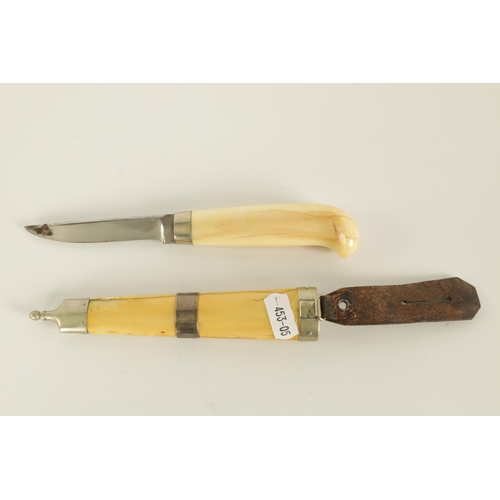 640 - A 19TH CENTURY NORWEGIAN WALRUS IVORY KNIFE with shaped handle and 8cm single edge steel blade, with... 