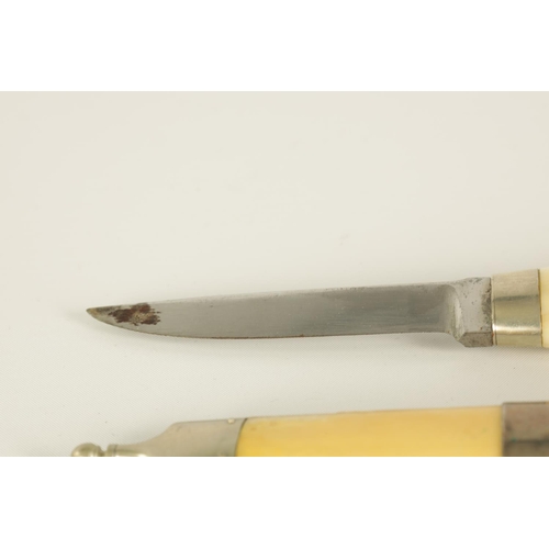 640 - A 19TH CENTURY NORWEGIAN WALRUS IVORY KNIFE with shaped handle and 8cm single edge steel blade, with... 