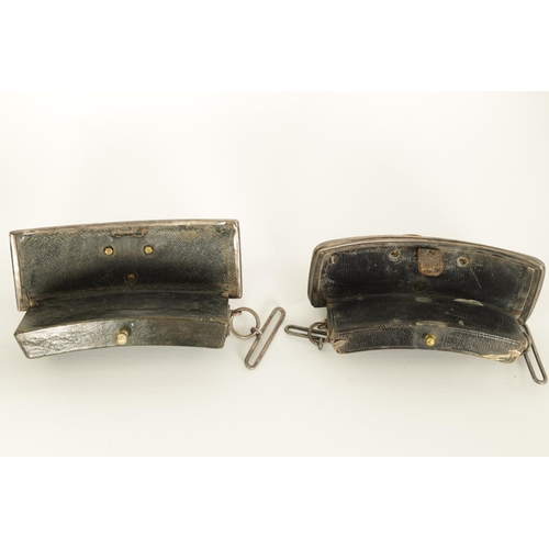 657 - TWO VICTORIAN SILVER MOUNTED OFFICER’S CROSS BELT POUCHES with engraved borders and mounted with a g... 