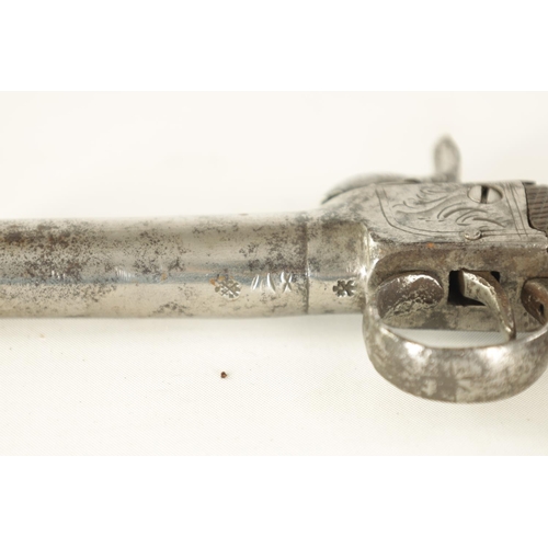 660 - AN EARLY 19TH CENTURY BOXLOCK PERCUSSION PISTOL with steel cylindrical barrel and scroll-engraved fr... 