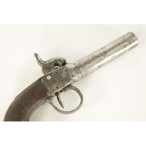 660 - AN EARLY 19TH CENTURY BOXLOCK PERCUSSION PISTOL with steel cylindrical barrel and scroll-engraved fr... 