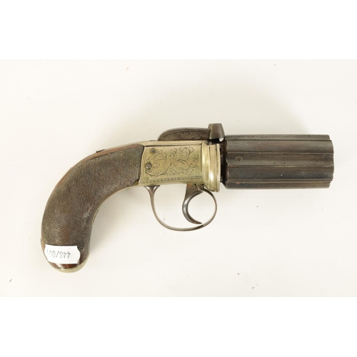 662 - A 19TH CENTURY SIX SHOT PEPPERBOX REVOLVER the 7cm steel barrel with stamped proof marks, foliate en... 