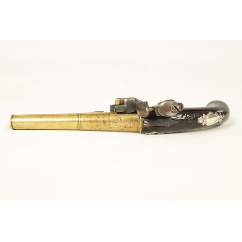 674 - A MID 18TH CENTURY FLINTLOCK PISTOL the screw off brass cannon barrel and frame with steel hammer an... 