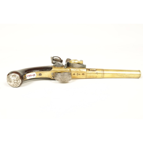 674 - A MID 18TH CENTURY FLINTLOCK PISTOL the screw off brass cannon barrel and frame with steel hammer an... 