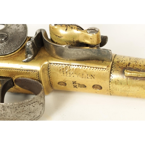 674 - A MID 18TH CENTURY FLINTLOCK PISTOL the screw off brass cannon barrel and frame with steel hammer an... 