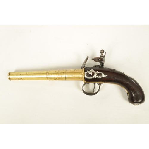 674 - A MID 18TH CENTURY FLINTLOCK PISTOL the screw off brass cannon barrel and frame with steel hammer an... 