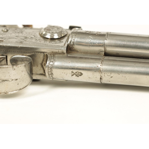 678 - AN EARLY 19TH CENTURY FLINTLOCK BOX-LOCK THREE-BARRELED TAP-ACTION PISTOL BY R. CLARKE, NO. 62. CHEA... 