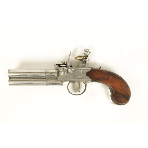 678 - AN EARLY 19TH CENTURY FLINTLOCK BOX-LOCK THREE-BARRELED TAP-ACTION PISTOL BY R. CLARKE, NO. 62. CHEA... 