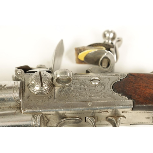 678 - AN EARLY 19TH CENTURY FLINTLOCK BOX-LOCK THREE-BARRELED TAP-ACTION PISTOL BY R. CLARKE, NO. 62. CHEA... 