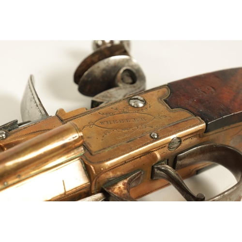 681 - WHELLER. A GOOD PAIR OF EARLY 19TH CENTURY BRONZE FRAMED BOXLOCK BLUNDERBUSS PISTOLS WITH UNDER FLIC... 