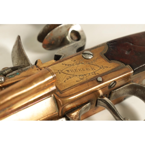 681 - WHELLER. A GOOD PAIR OF EARLY 19TH CENTURY BRONZE FRAMED BOXLOCK BLUNDERBUSS PISTOLS WITH UNDER FLIC... 