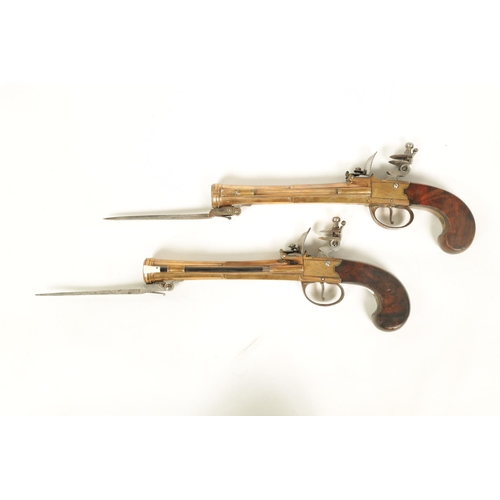 681 - WHELLER. A GOOD PAIR OF EARLY 19TH CENTURY BRONZE FRAMED BOXLOCK BLUNDERBUSS PISTOLS WITH UNDER FLIC... 