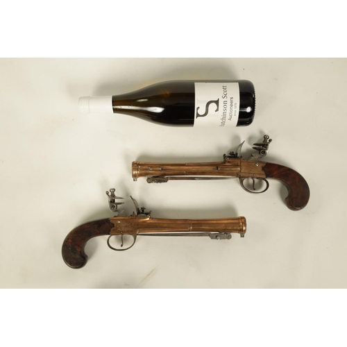 681 - WHELLER. A GOOD PAIR OF EARLY 19TH CENTURY BRONZE FRAMED BOXLOCK BLUNDERBUSS PISTOLS WITH UNDER FLIC... 