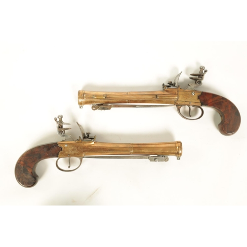 681 - WHELLER. A GOOD PAIR OF EARLY 19TH CENTURY BRONZE FRAMED BOXLOCK BLUNDERBUSS PISTOLS WITH UNDER FLIC... 