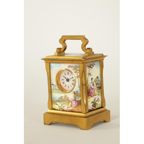 687 - A FRENCH MINIATURE GILT BRASS AND ENAMEL PANELLED CARRIAGE CLOCK CIRCA 1900 the case with hinged han... 