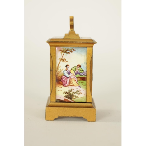 687 - A FRENCH MINIATURE GILT BRASS AND ENAMEL PANELLED CARRIAGE CLOCK CIRCA 1900 the case with hinged han... 