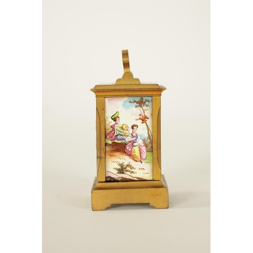 687 - A FRENCH MINIATURE GILT BRASS AND ENAMEL PANELLED CARRIAGE CLOCK CIRCA 1900 the case with hinged han... 