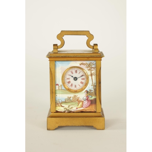 687 - A FRENCH MINIATURE GILT BRASS AND ENAMEL PANELLED CARRIAGE CLOCK CIRCA 1900 the case with hinged han... 