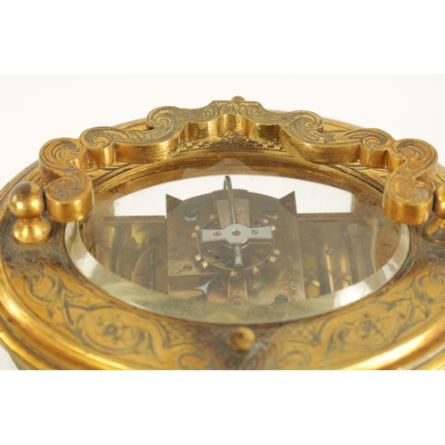 691 - A LATE 19TH CENTURY OVAL ENGRAVED GILT BRASS CARRIAGE CLOCK REPEATER the foliate engraved case enclo... 