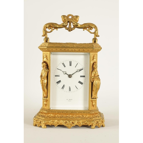 692 - HENRY MARC, PARIS. A MID 19TH CENTURY GILT BRASS FIGURAL CARRIAGE CLOCK with hinged reversed double-... 