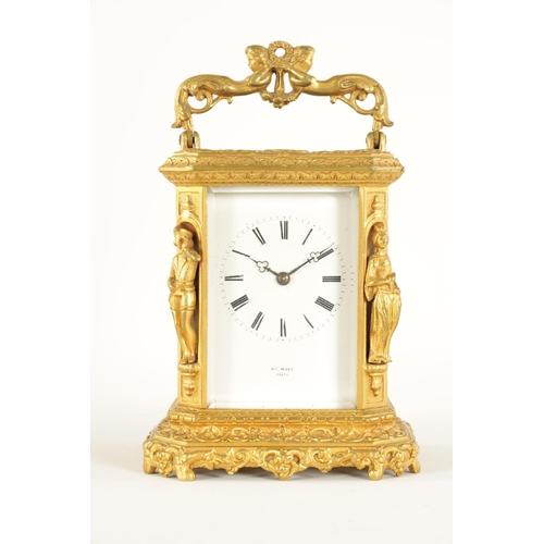 692 - HENRY MARC, PARIS. A MID 19TH CENTURY GILT BRASS FIGURAL CARRIAGE CLOCK with hinged reversed double-... 