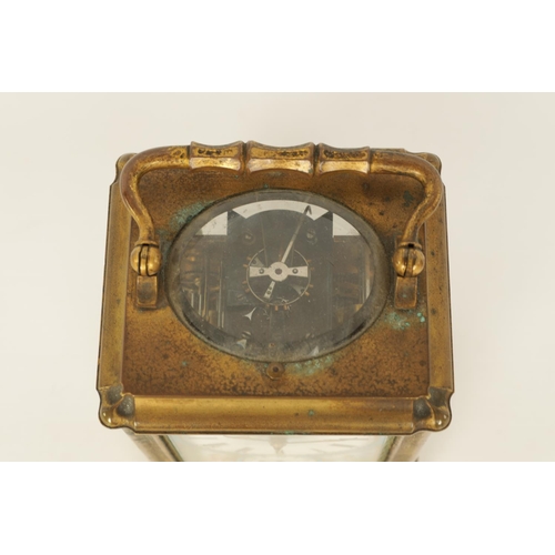 694 - A 19TH CENTURY FRENCH GILT BRASS GORGE CASE REPEATING CARRIAGE CLOCK WITH ALARM the Sevres style por... 