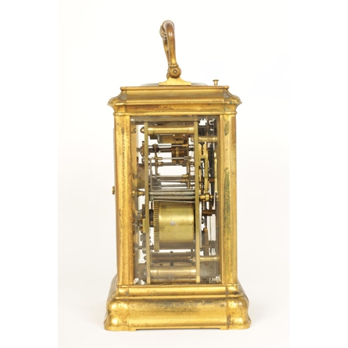 694 - A 19TH CENTURY FRENCH GILT BRASS GORGE CASE REPEATING CARRIAGE CLOCK WITH ALARM the Sevres style por... 