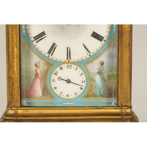 694 - A 19TH CENTURY FRENCH GILT BRASS GORGE CASE REPEATING CARRIAGE CLOCK WITH ALARM the Sevres style por... 