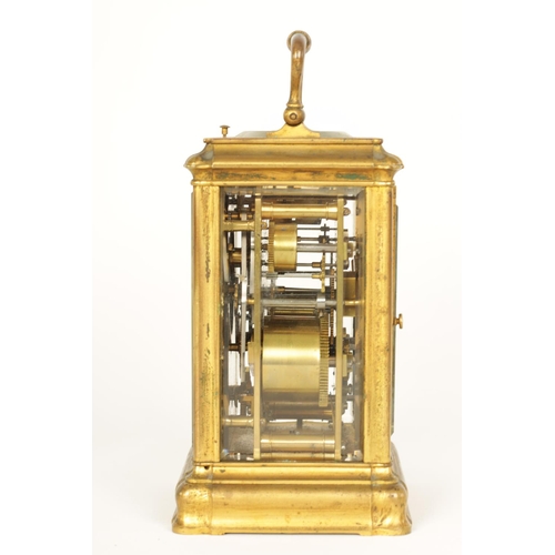 694 - A 19TH CENTURY FRENCH GILT BRASS GORGE CASE REPEATING CARRIAGE CLOCK WITH ALARM the Sevres style por... 