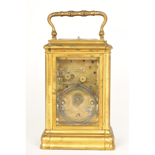 694 - A 19TH CENTURY FRENCH GILT BRASS GORGE CASE REPEATING CARRIAGE CLOCK WITH ALARM the Sevres style por... 