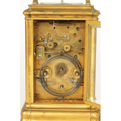 694 - A 19TH CENTURY FRENCH GILT BRASS GORGE CASE REPEATING CARRIAGE CLOCK WITH ALARM the Sevres style por... 