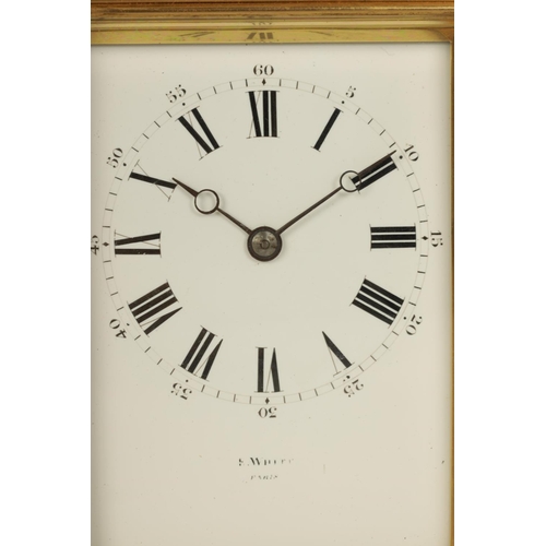 698 - DROCOURT, PARIS. A 19TH CENTURY BRASS GORGE-CASE REPEATING CARRIAGE CLOCK the white enamel dial with... 