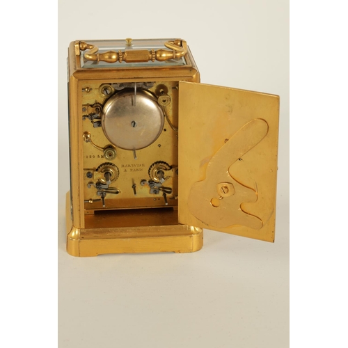 702 - BARWISE, PARIS. A 19TH CENTURY FRENCH GILT BRASS REPEATING CARRIAGE CLOCK WITH CALENDAR WORK AND SWE... 