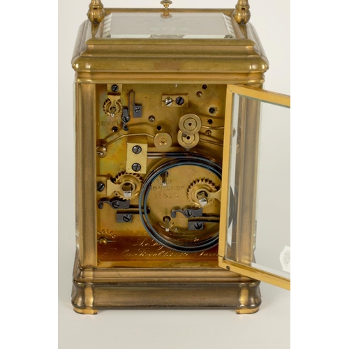 704 - DROCOURT, PARIS. A 19TH CENTURY BRASS GORGE-CASE PETITE SONNERIE REPEATING CARRIAGE CLOCK WITH ALARM... 