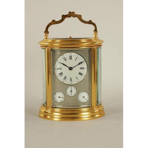 710 - A LARGE LATE 19TH CENTURY FRENCH OVAL CASED REPEATING GRAND SONNERIE CARRIAGE CLOCK WITH CALENDAR WO... 