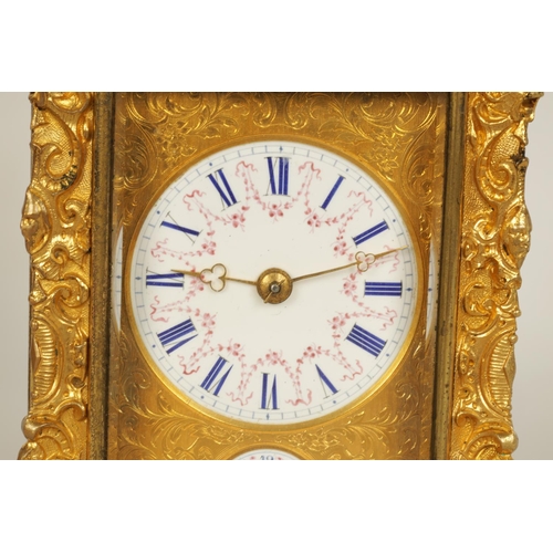 712 - A FINE MID 19TH CENTURY GILT BRASS FRENCH ROCOCO REPEATING CARRIAGE CLOCK WITH ALARM OF SMALL SIZE -... 