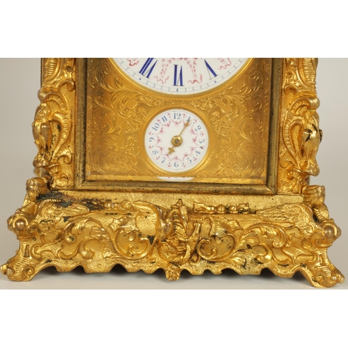 712 - A FINE MID 19TH CENTURY GILT BRASS FRENCH ROCOCO REPEATING CARRIAGE CLOCK WITH ALARM OF SMALL SIZE -... 