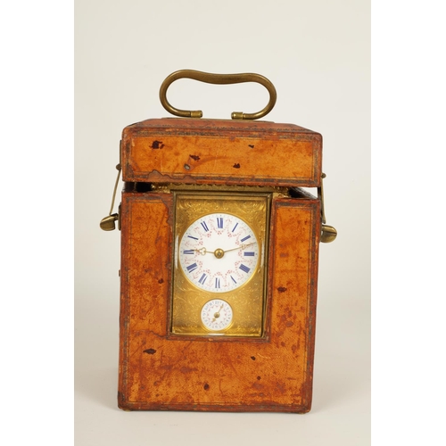 712 - A FINE MID 19TH CENTURY GILT BRASS FRENCH ROCOCO REPEATING CARRIAGE CLOCK WITH ALARM OF SMALL SIZE -... 