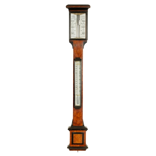 820 - J. HICKS, 8 HATTON GARDEN, LONDON. A LATE 19TH CENTURY BURR WALNUT AND EBONISED STICK BAROMETER the ... 