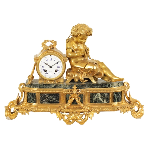 821 - A LATE 19TH CENTURY FRENCH FIGURAL OMOLU AND VERDI ANTICO MARBLE MANTLE CLOCK the case surmounted by... 