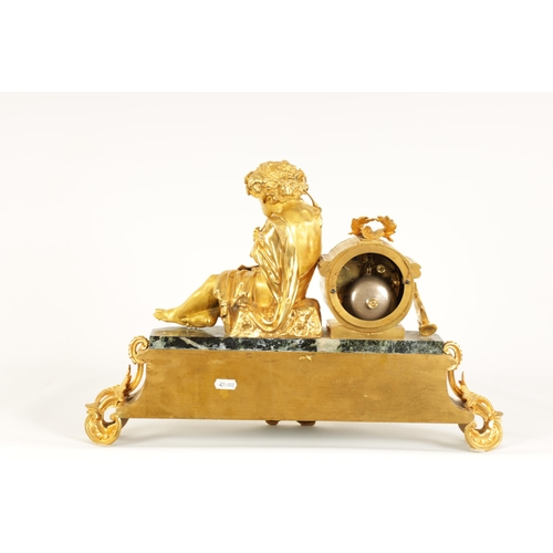 821 - A LATE 19TH CENTURY FRENCH FIGURAL OMOLU AND VERDI ANTICO MARBLE MANTLE CLOCK the case surmounted by... 