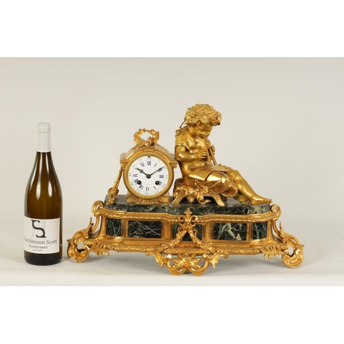 821 - A LATE 19TH CENTURY FRENCH FIGURAL OMOLU AND VERDI ANTICO MARBLE MANTLE CLOCK the case surmounted by... 