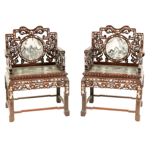 216 - A PAIR OF 19TH CENTURY MOTHER OF PEARL INLAID CHINESE HARDWOOD ARMCHAIRS inset with grey clouded mar... 