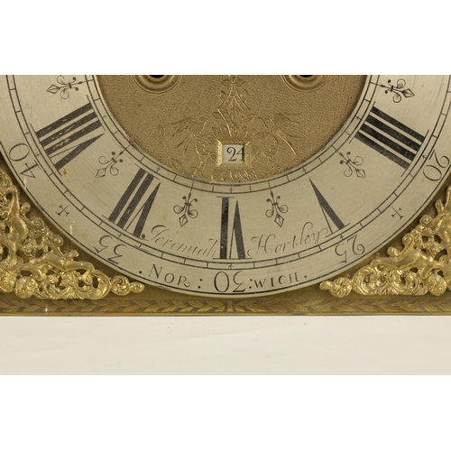 1004 - JEREMIAH HARBLEY, NORWICH. AN EARLY 18TH CENTURY 12Ó BRASS DIAL LONGCASE CLOCK MOVEMENT with wheatea... 