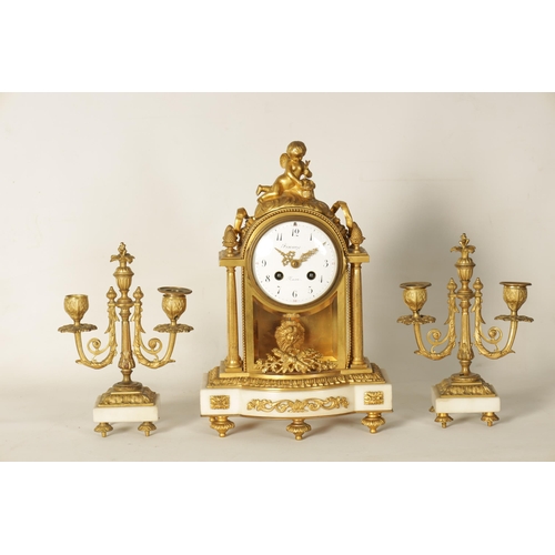 1006 - A 19TH CENTURY FRENCH ORMOLU AND WHITE MARBLE CLOCK GARNITURE the 4